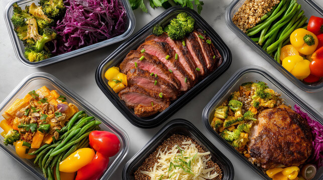 Organized meal prep flat lay, vibrant clean eating ingredients, balanced portions lean protein, veggies grains bright lighting, nutritious food display, with copy space