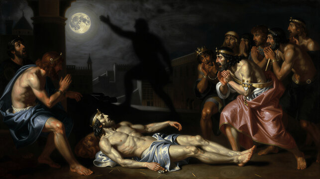 The Death of the Firstborn in Egypt: a moonlit Baroque scene with a spectral shadow over wailing mourners