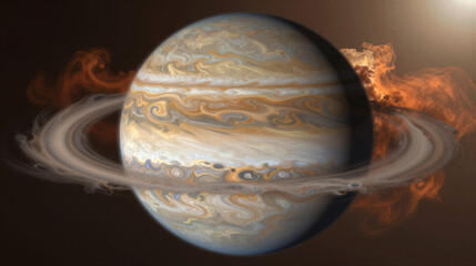 Massive gas giant with marbled cream, ochre, and orange bands, a colossal rotating storm, and a glowing ring encircling the planet