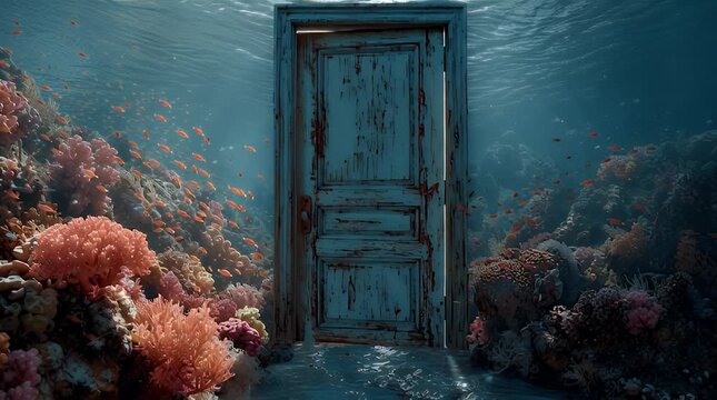 A weathered door slightly ajar underwater, surrounded by coral reef and schools of small fish