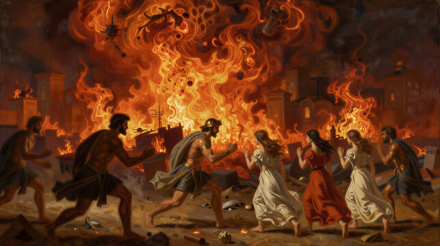 Destruction of the Cities of the Plain: Lot and his daughters fleeing a blazing metropolis engulfed by fire and falling brimstone