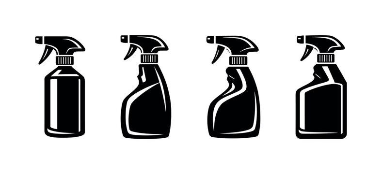 Spray bottle vector icons set: cleaning bottle symbols, silhouette spray containers