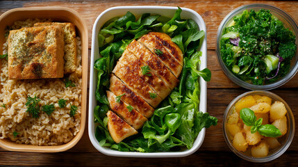 Neatly arranged meal prep, box rice greens bread, healthy eating balanced nutrition, wholesome lifestyle display, organized food planning, with copy space