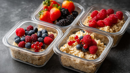 Four meal prep containers, filled oatmeal different berries, healthy breakfast display, nutritious morning food, balanced diet planning, with copy space