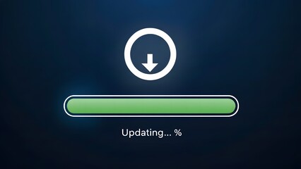 A software update loading screen with a green progress bar and a white download icon on a dark blue background