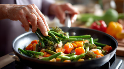 Woman cooking delicious sautéed, vegetables kitchen healthy, food preparation display, nutritious meal activity, home cooking moment, with copy space