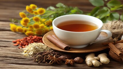 Herbal tea blend with natural ingredients displayed on rustic wooden table with spices, herbs, and flowers creating a warm and inviting atmosphere