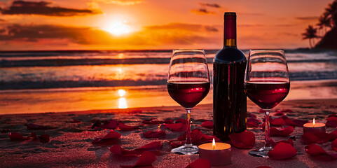 valentines day romantic sunset time with red wine and candle	