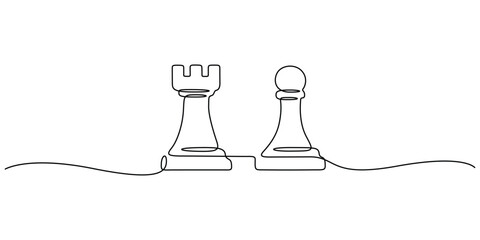 Minimalist continuous line drawing of rook and a pawn from a game of chess vector illustration © aminul788
