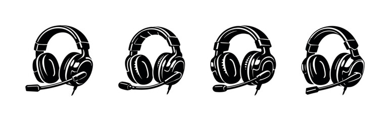 Headphones vector icons set: headset, audio gear, communication devices