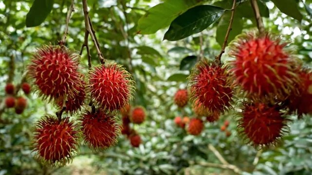Close-up view of vibrant red rambutan fruits hanging in clusters from a lush green tree in a tropical orchard.