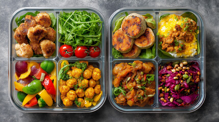 Side-by-side meal prep endurance, planner vibrant assortment healthy, boxes fresh ingredients protein-rich, dishes colorful vegetables, nutritious planning display, with copy space