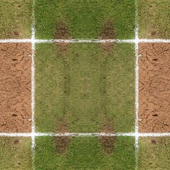 Aerial view of a baseball field with grass and dirt