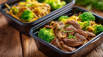 Beef broccoli stir fry, meal prep lunch box, containers rice noodles, Asian-inspired healthy, protein vegetables display, with copy space