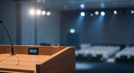 A meticulously prepared conference stage captured in an image, featuring an empty wooden podium with a microphone, digital timer, and water glass, awaiting an important speaker's presentation