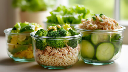 Three clear containers filled, healthy meal prep items, broccoli chicken rice cucumber, nutritious diet display, balanced food preparation, with copy space