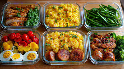 Meal prep containers rice chicken, baked vegetables eggs sausages, salad overhead shot display, nutritious food preparation, balanced diet planning, with copy space