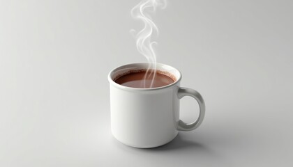 White ceramic mug with steaming hot chocolate in minimalist style on neutral gray background representing comfort and warmth with copy space