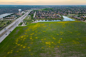 Obraz premium Aerial view of suburban landscape with open field lake residential houses and connecting roads