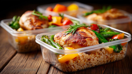 Healthy meal prep containers, grilled chicken rice vegetables, wooden table nutritious display, balanced diet preparation, protein food planning, with copy space