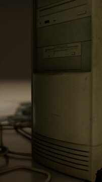 Aging computer towers stand silently, showcasing relics of an era gone by. Dust gathers on faded surfaces while tangled wires hint at stories waiting to be uncovered.