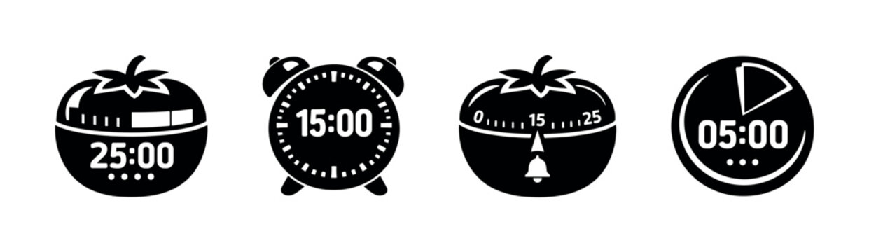 Pomodoro vector icons set with timers, alarm clocks, and countdown symbols
