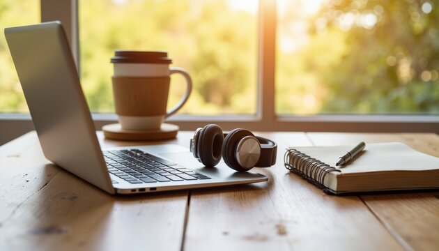 Laptop with headphones and coffee on wooden desk with productive and cozy mood against sunlit window background with copy space