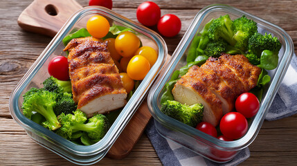 Healthy meal prep container, grilled chicken broccoli cherry, tomatoes lettuce balanced, protein vegetables display, nutritious diet planning, with copy space