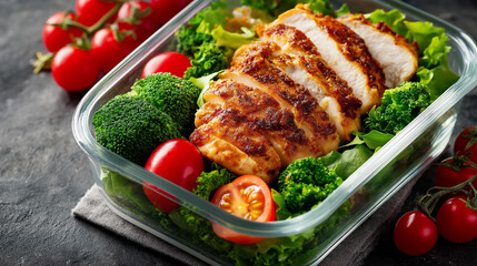 Healthy meal prep container, grilled chicken broccoli cherry, tomatoes lettuce balanced, protein vegetables display, nutritious diet planning, with copy space