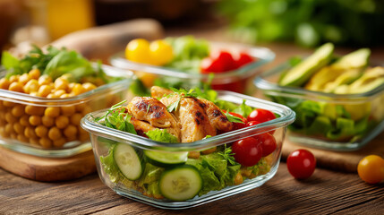 Healthy meal prep containers, chickpeas chicken tomatoes, cucumbers avocados lunch, glass containers beige, rustic zero waste, with copy space