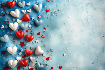 Festive flat lay of red, white, and blue hearts for patriotic celebrations and holiday decor