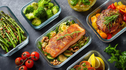 Assorted healthy meal prep, containers variety proteins vegetables, balanced diet portion control, nutritious food display, organized meal planning, with copy space