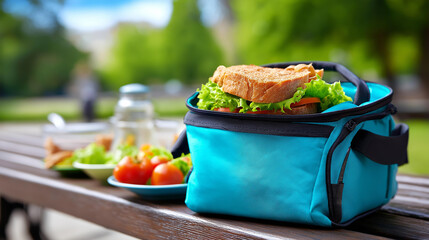 Lunchbox filled healthy food, park bench backpack student, worker peaceful outdoor meal, break nutritious display, portable diet option, with copy space