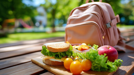 Lunchbox filled healthy food, park bench backpack student, worker peaceful outdoor meal, break nutritious display, portable diet option, with copy space