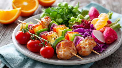 Back to school lunch, fresh fruit vegetable salad, skewers plate healthy meal, nutritious food display, balanced diet planning, with copy space