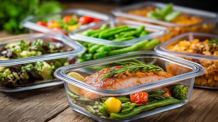 Healthy meal prep containers, fresh ingredients ready delivery, convenient dining options, busy lifestyles nutritious, food display, with copy space