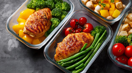 Freshly prepared meal prep, containers grilled chicken vegetables, healthy food display, balanced nutrition preparation, fitness diet planning, with copy space