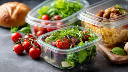 Healthy meal prep containers, fresh ingredients ready delivery, convenient dining options, busy lifestyles nutritious, food display, with copy space