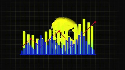 Vibrant Global Financial Data with Earth Globe, Bar Charts, and Red Trend Lines finance. Animated blue bars on world map visualize international finance, data analysis, and economic performance . - Powered by Adobe