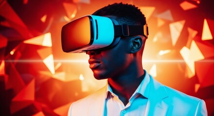 Stylish young man engaging with an advanced virtual reality headset, exploring digital frontiers and interactive metaverses in a vibrant, futuristic environment