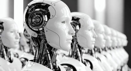 A meticulously aligned column of advanced humanoid robots, gleaming in white and metallic finishes, symbolizing the cutting edge of artificial intelligence, automation, and the imminent future