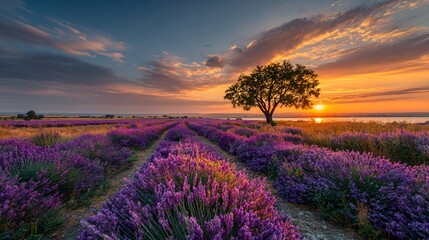 Scenic Nature Background with Lavender Rows