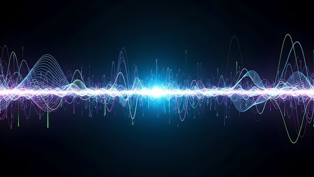 Abstract sound wave equalizer digital audio background vector with glowing frequency lines, dynamic waveform pattern, music technology visualization on dark backdrop for modern media design. - Powered by Adobe