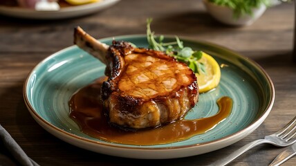Grilled pork chop with sauce and lemon