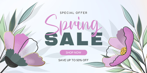 Spring Sale Banner with Discounts, Embellished with Pink Flowers