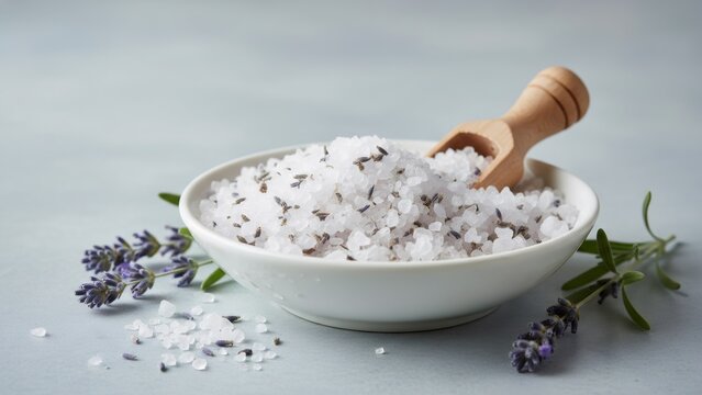 White bowl of lavender bath salt with small wooden spoon. Spa treatment natural cosmetic product for relaxation and aromatherapy.