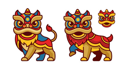 Colorful Chinese Lion Dance Costumes and Head Illustration. Vector Illustration. EPS Editable