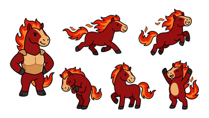 Set of Cartoon Fire Horses in Various Poses and Actions. Vector Illustration. EPS Editable