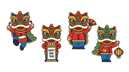 Set of Four Cute Cartoon Lion Dance Characters Celebrating Chinese New Year. Vector Illustration. EPS Editable