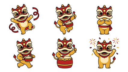 Set of Six Adorable Cartoon Lion Dance Characters Celebrating Chinese New Year. Vector Illustration. EPS Editable